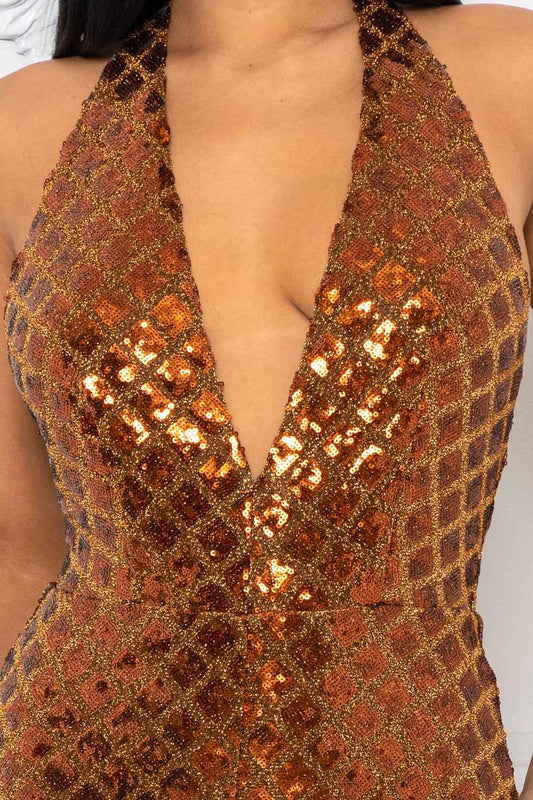 DIAMOND PATTERN SEQUIN HALTER TOP JUMPSUIT