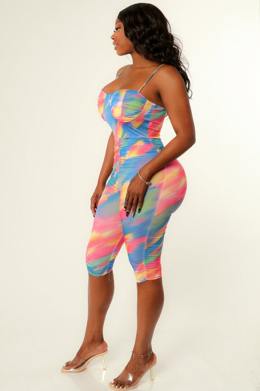 Tyedye Ruched Sleeveless Bodycon Romper