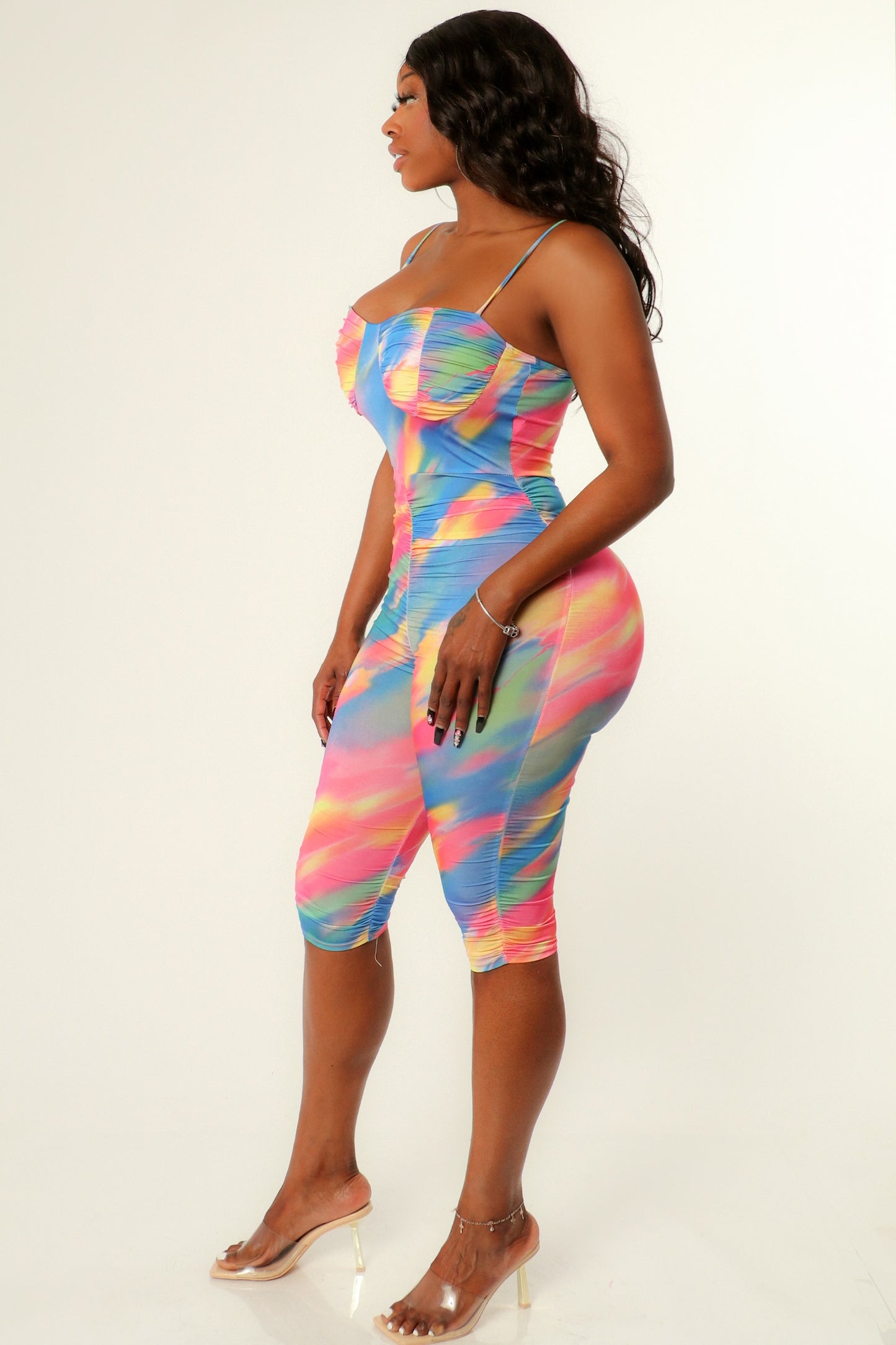 Tyedye Ruched Sleeveless Bodycon Romper