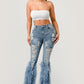 Distressed Pearl Embellished Feather Detail Jeans