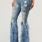 Distressed Pearl Embellished Feather Detail Jeans