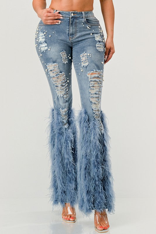 Distressed Pearl Embellished Feather Detail Jeans