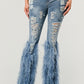 Distressed Pearl Embellished Feather Detail Jeans