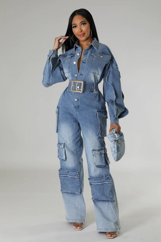 ATHINA FAMOUSE DENIM CARGO RUFFLE SLEEVE JUMPSUIT