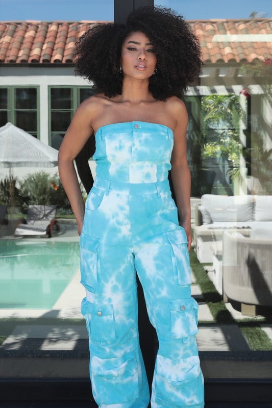 Blue Tie Dye Strapless Utility Jumpsuit.