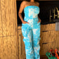 Blue Tie Dye Strapless Utility Jumpsuit.