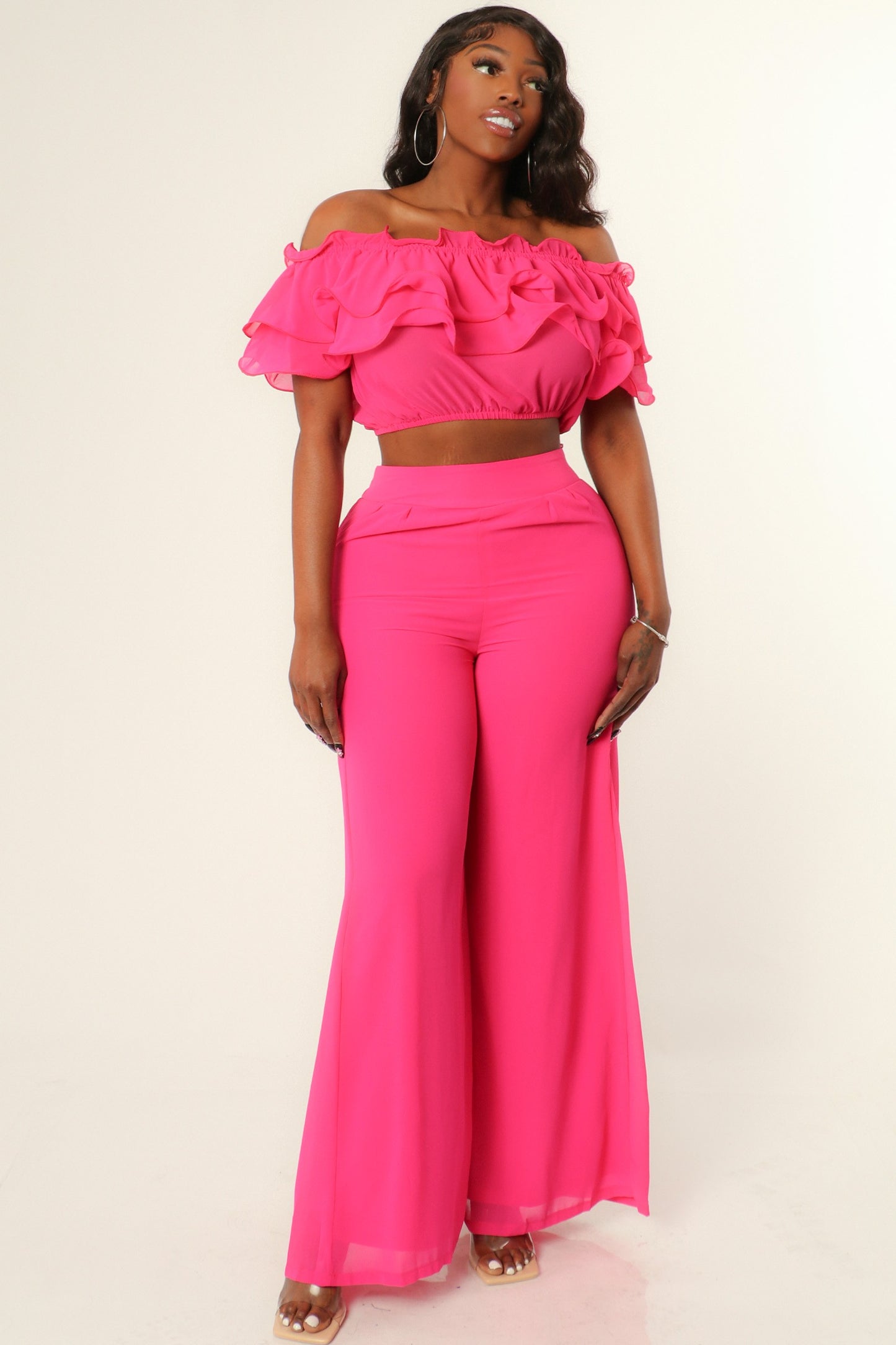 Ruffle Trim Tube Top Wide Leg Pant Set