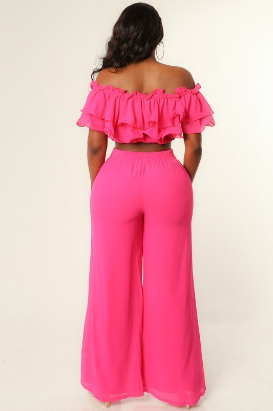 Ruffle Trim Tube Top Wide Leg Pant Set