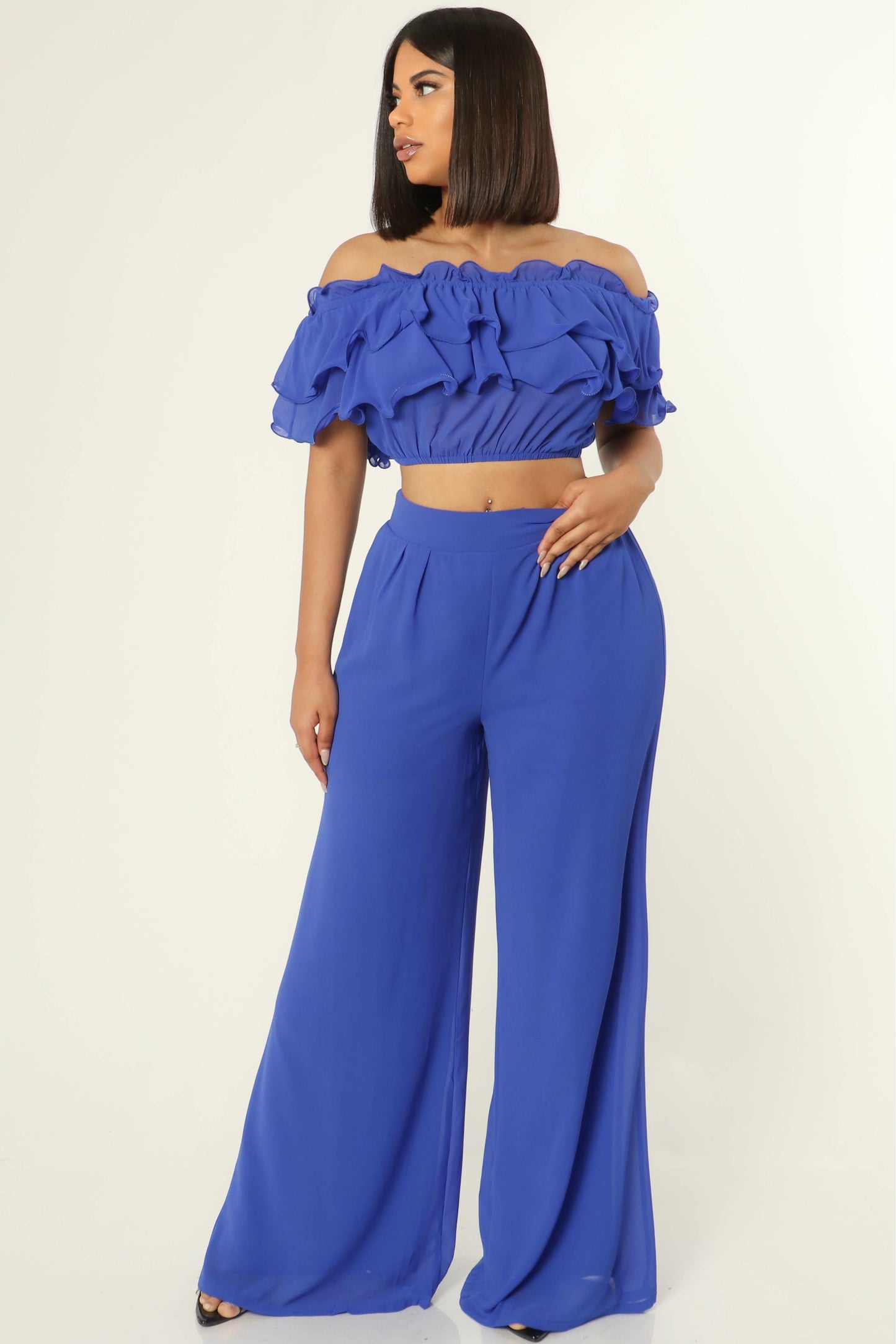 Ruffle Trim Tube Top Wide Leg Pant Set